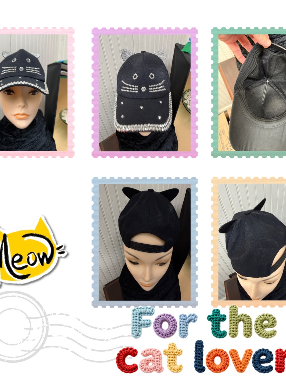 Black Cat Ear Hat with Rhinestone Accents